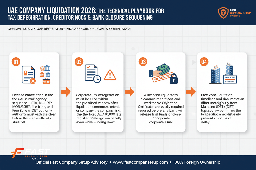 Infographic: UAE Company Liquidation 2026: The Technical Playbook for Tax Deregistration, Creditor NOCs & Bank Closure Sequencing